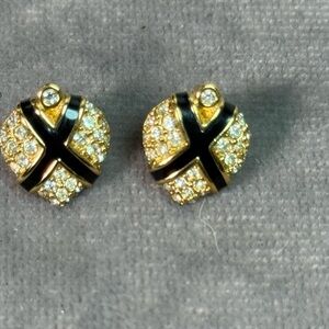 Christian Dior vintage clip-on earring black enamel cross with clear crystals.